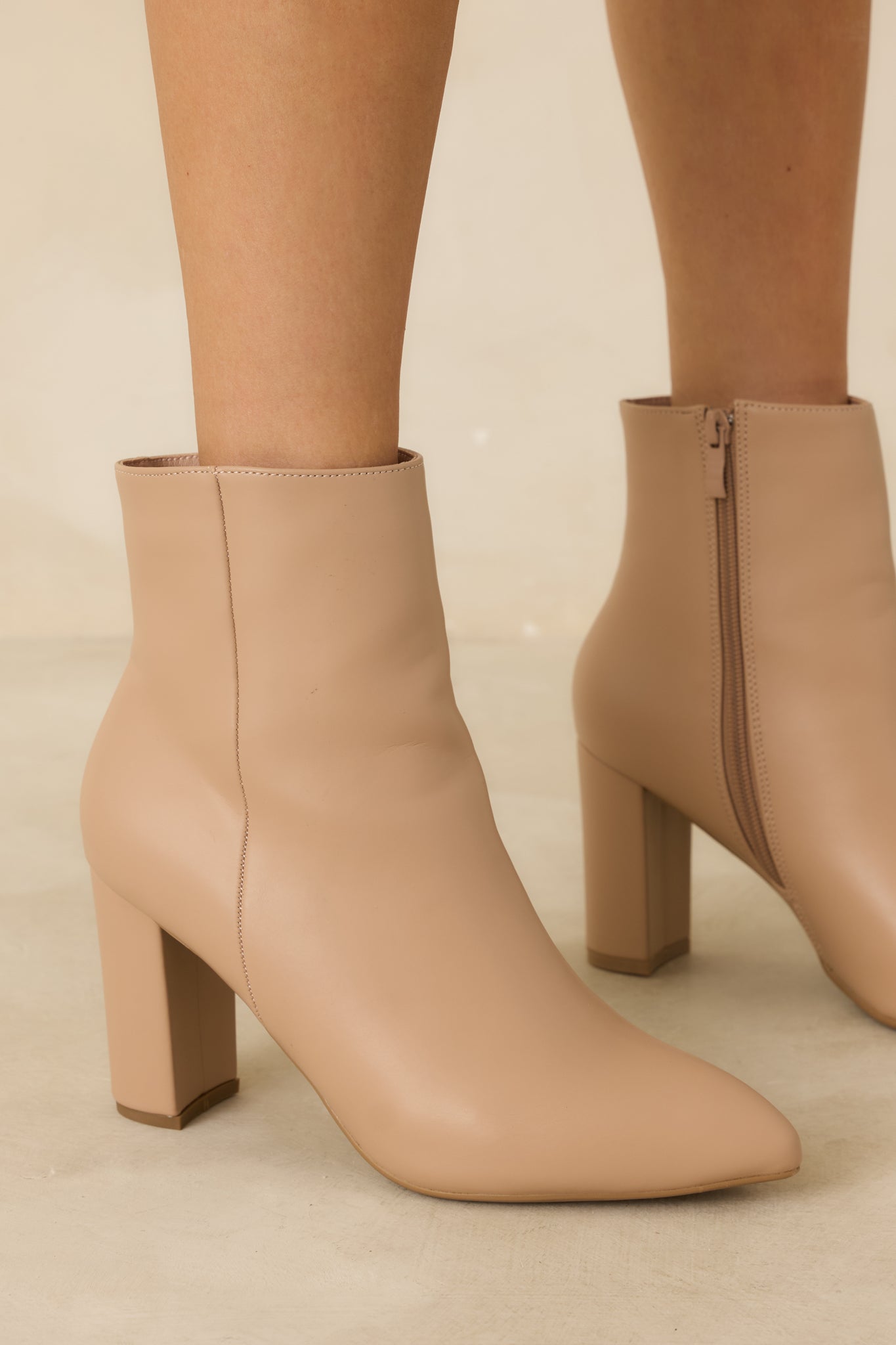 From Here On Beige Faux Leather Block Heel Ankle Boots (BACKORDER FALL 2027)