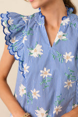 Sidewalk Cafè Blue Floral Cotton Flutter Sleeve Top