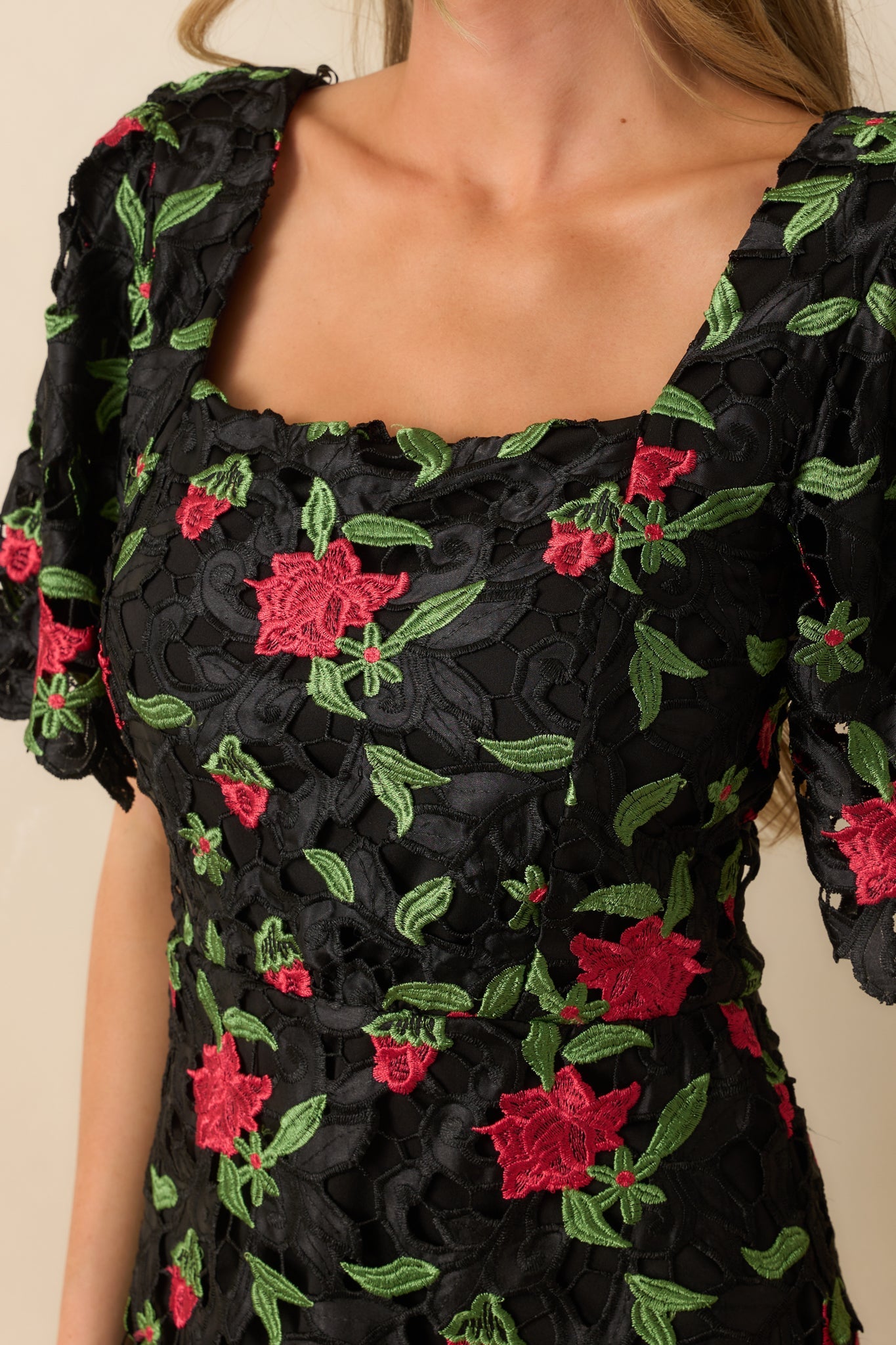 Rosebud Dreams Black Lace Embroidered Mini Dress