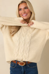 All the While Ivory Cable Knit Crewneck Pullover Sweater