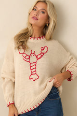 Harbor Nights Ecru Beige Lobster Motif Oversized Knit Sweater