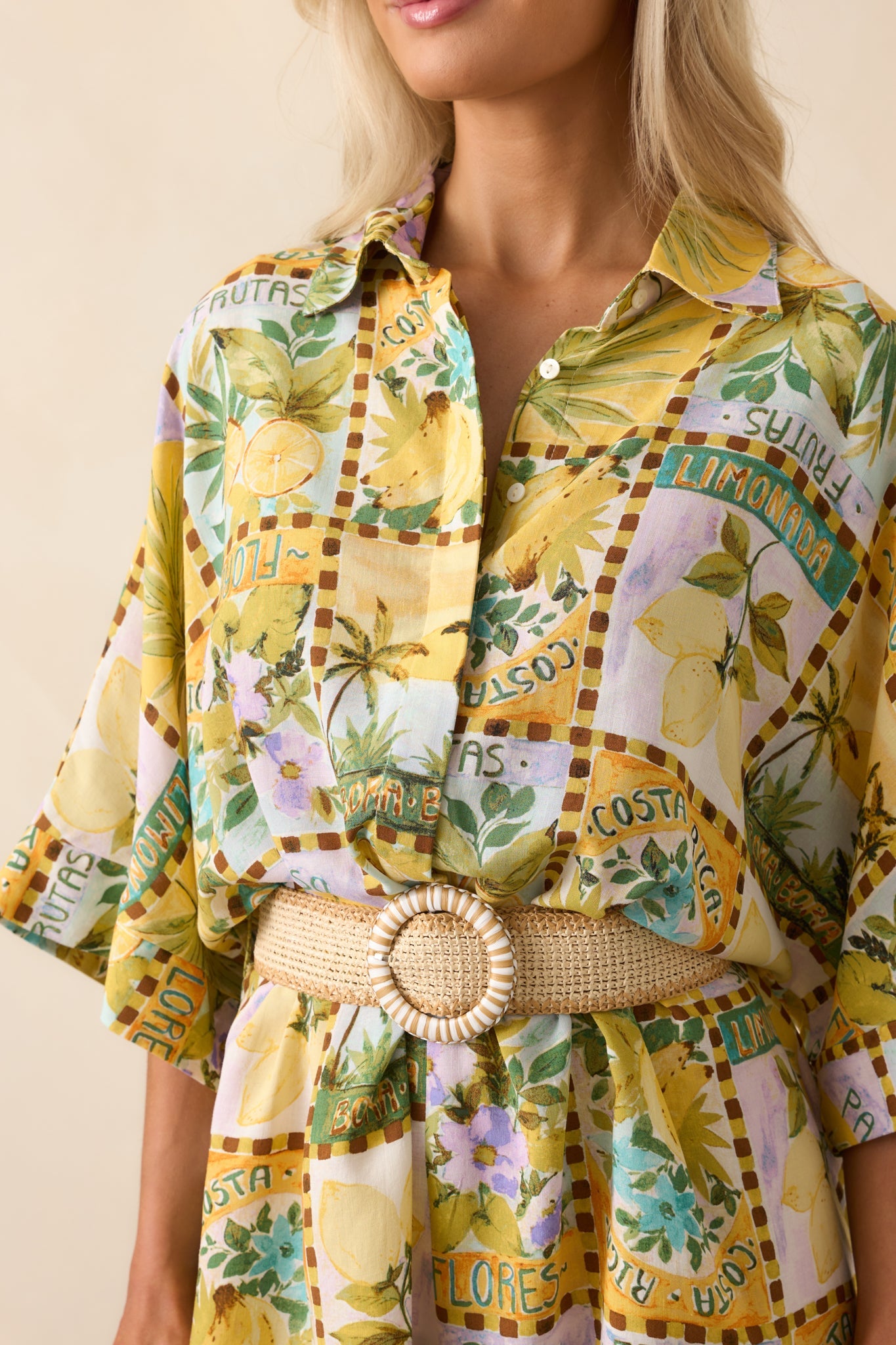 Views From The Veranda Yellow Tropical Print Linen Blend Romper