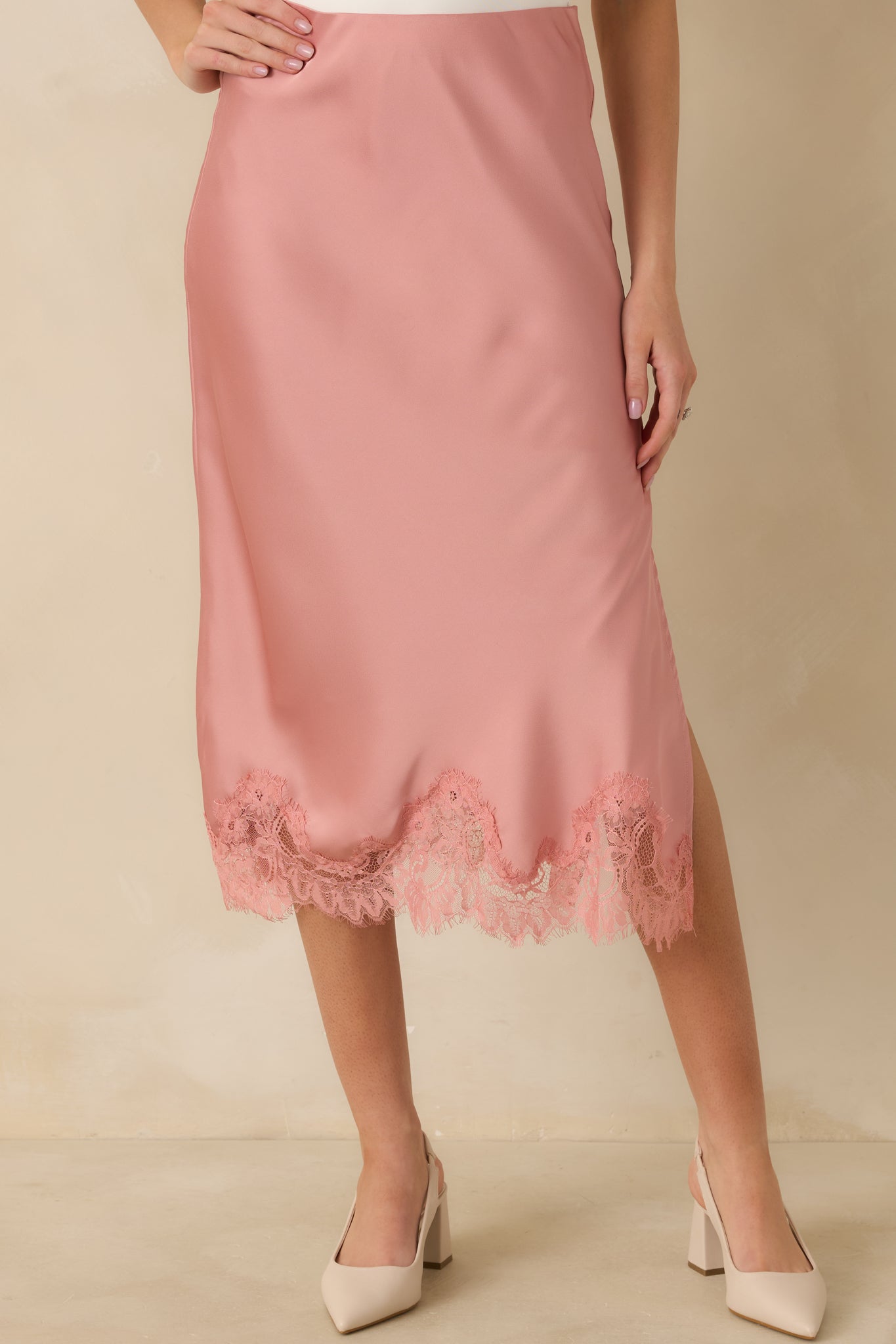 Just Call Me Later Blush Pink Satin Lace Trim Midi Skirt