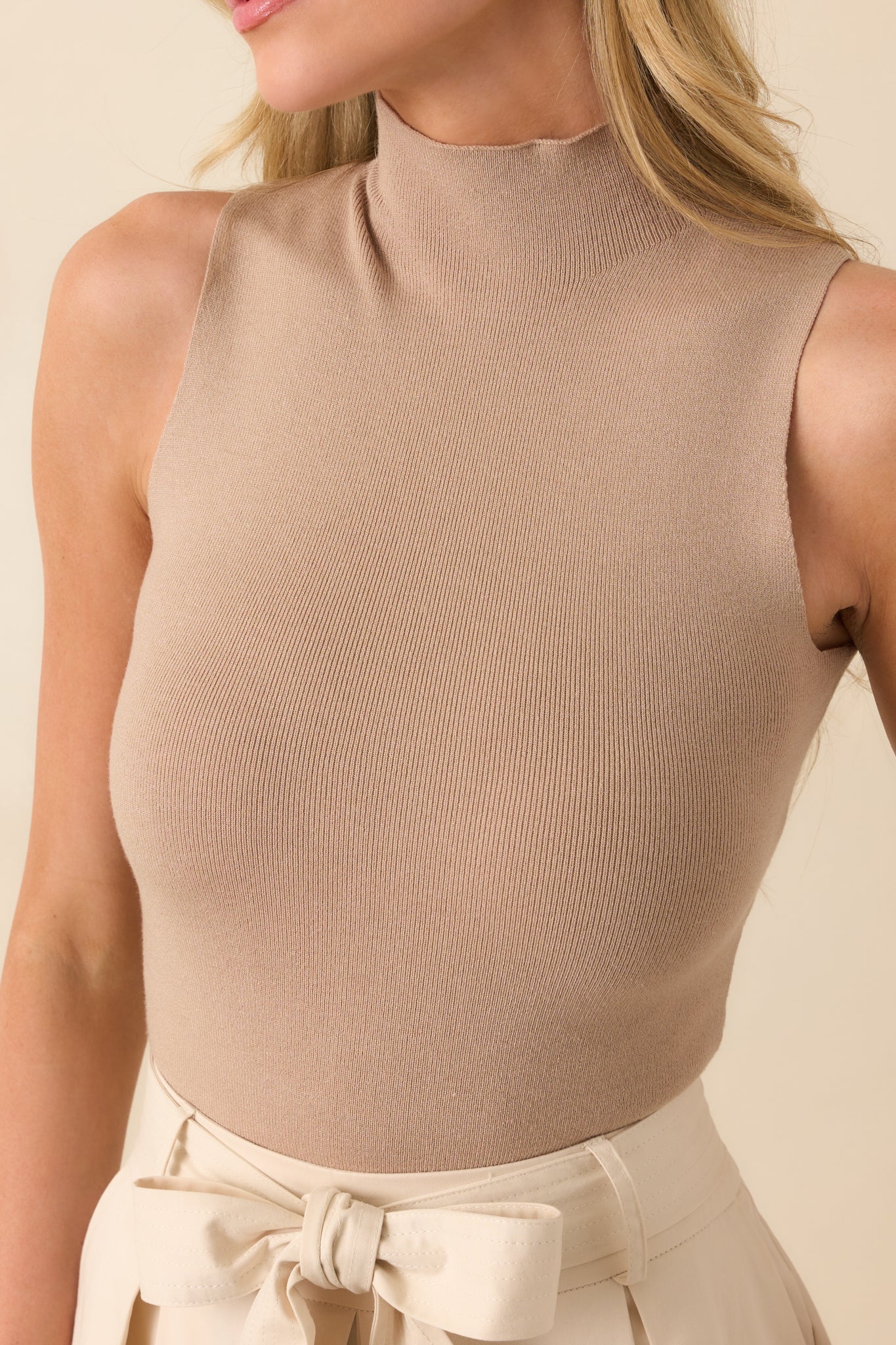 It'll Work Out Taupe Ribbed Mock Neck Sleeveless Bodysuit