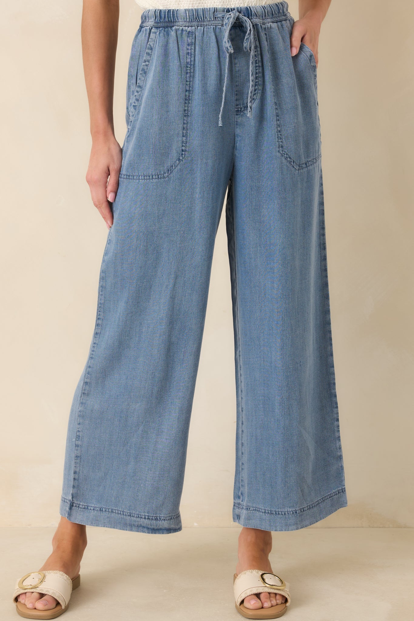 Wherever You're Going Medium Wash Denim Wide Leg Drawstring Pants