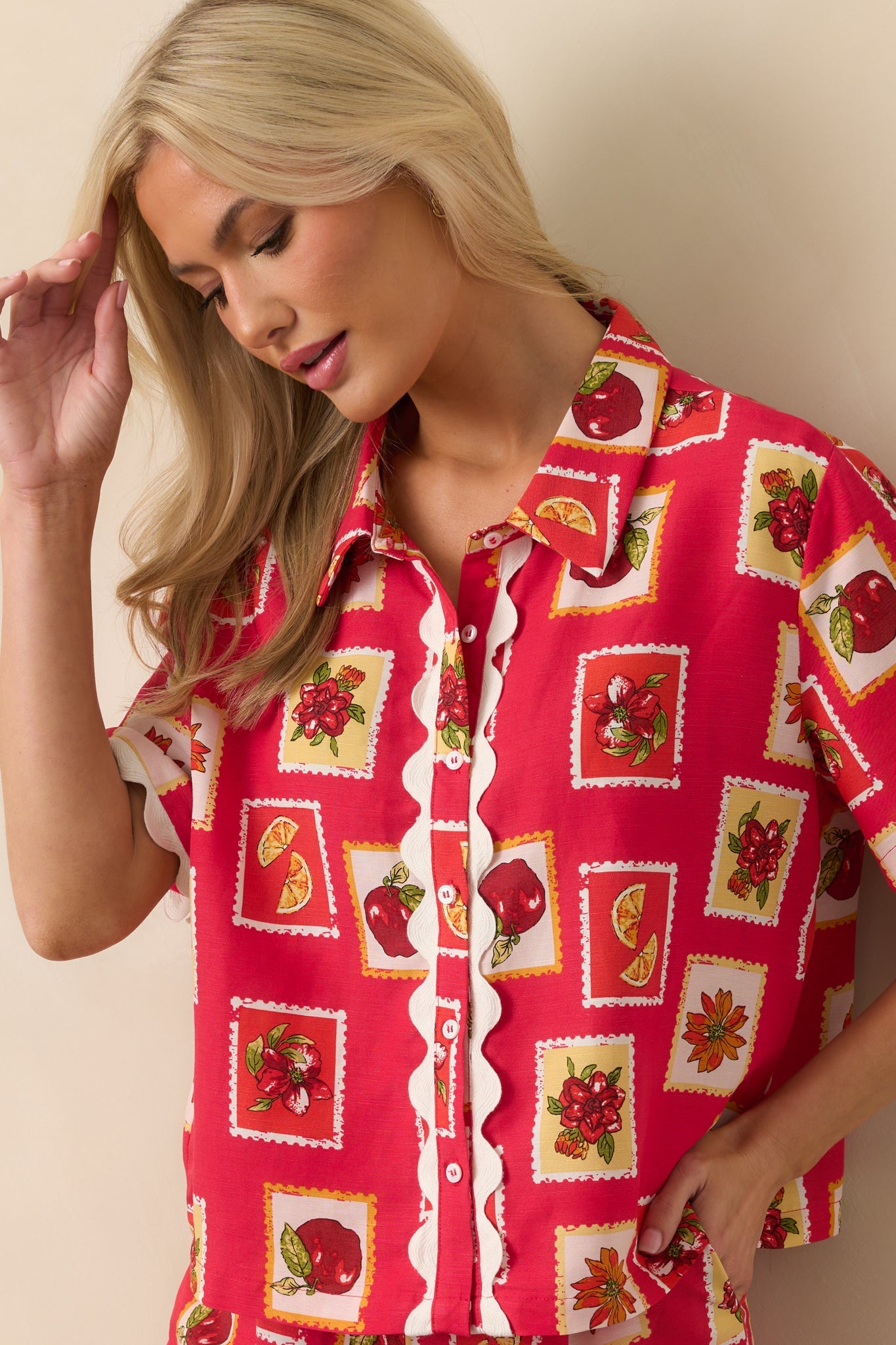 Peace Within Red Patchwork Print Linen Blend Button Front Top