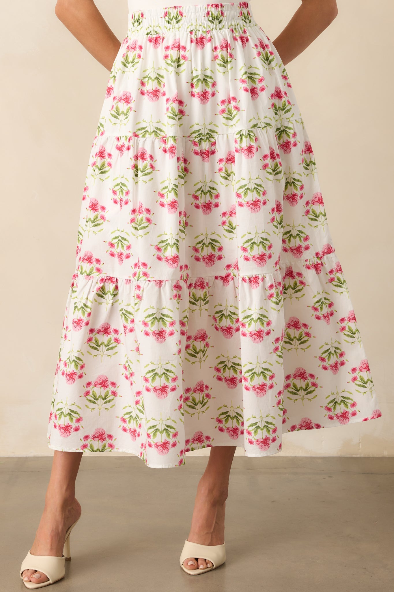 Smiles Are Contagious Pink Floral Cotton Tiered Maxi Skirt