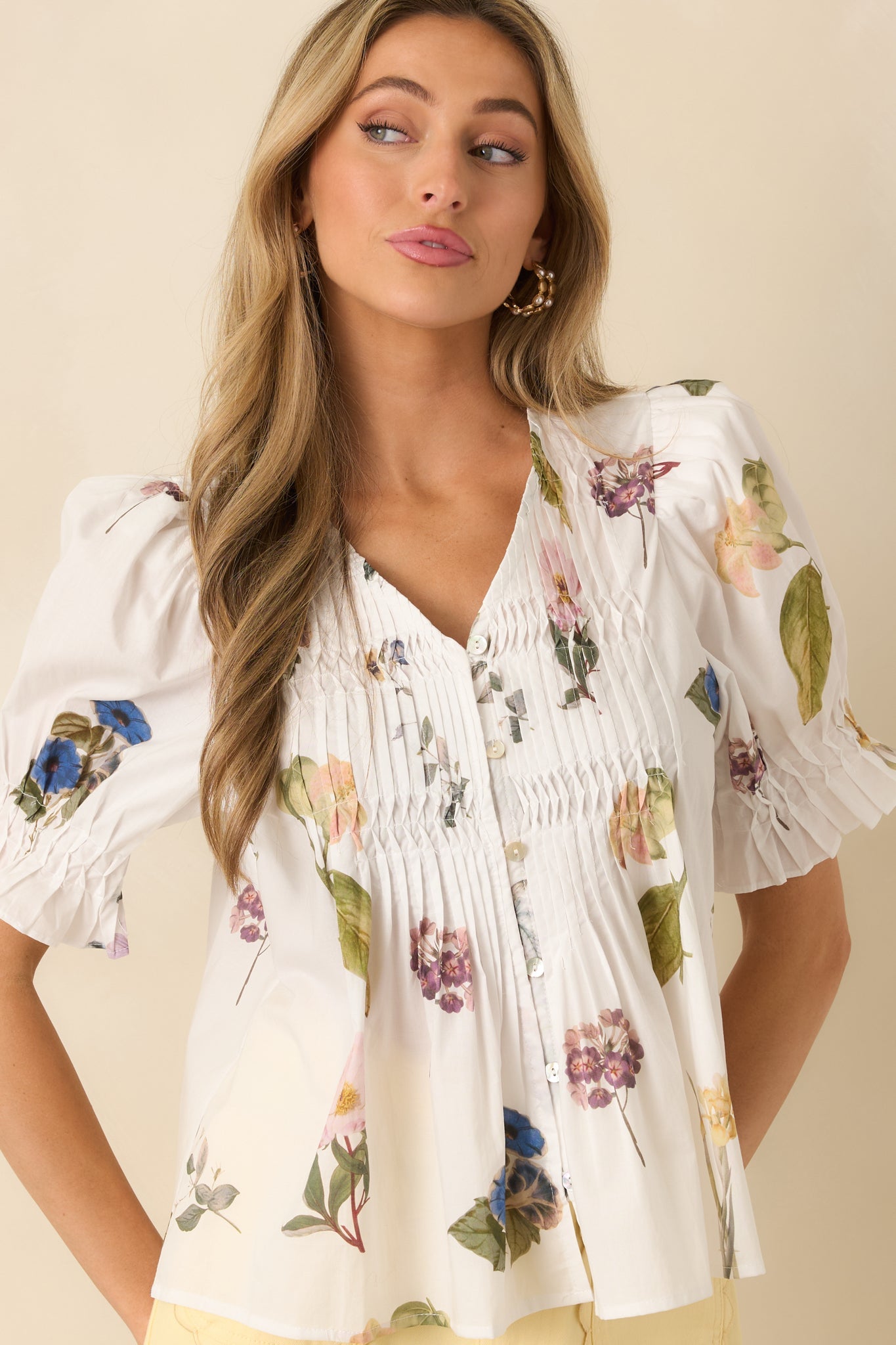 Just Add Flowers Ivory Multi Floral Print Pintuck Puff Sleeve Blouse