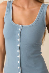 By Chance Dusty Blue Button Front Blanket Stitch Tank Top