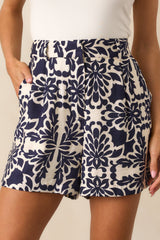 Love This For Me Navy Sicilian Tile Print High Waisted Shorts