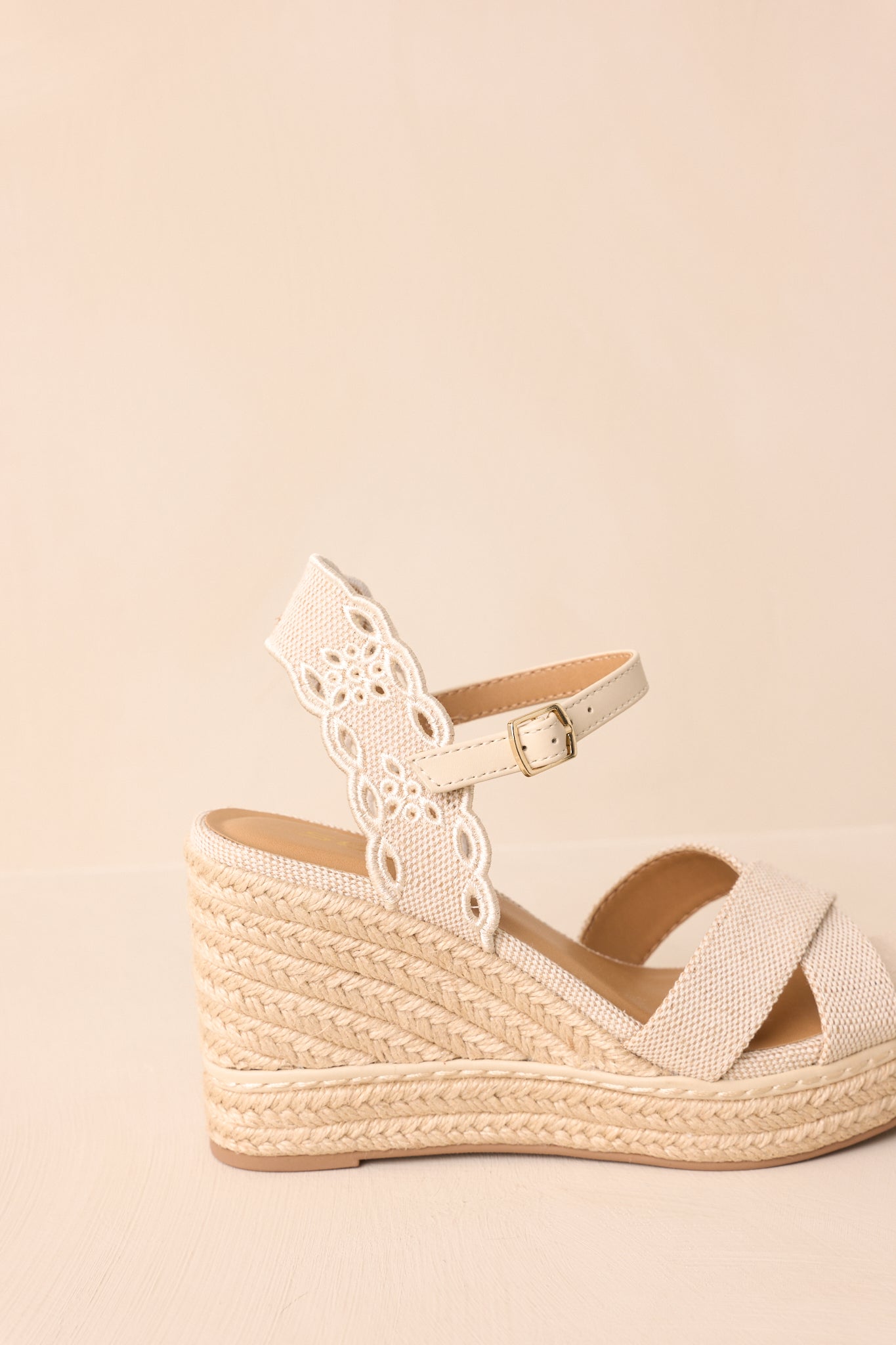 Taking It All In Beige Canvas Embroidered Eyelet Wedge Sandals