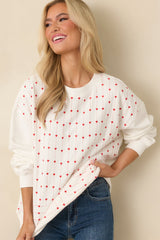 Heartstrings Attached White Cotton Embroidered Heart Crewneck Sweatshirt