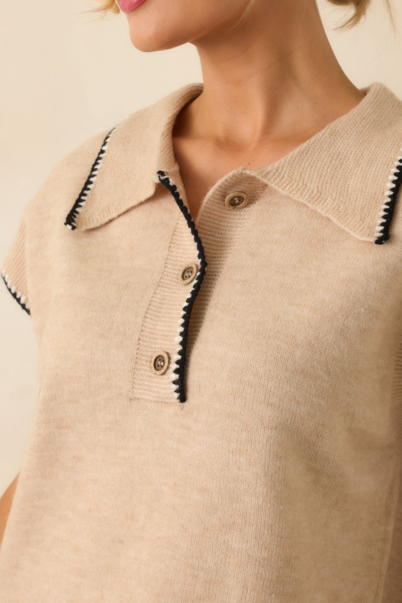 Let's Call It Even Oatmeal Beige Contrast Trim Knit Short Sleeve Polo Top