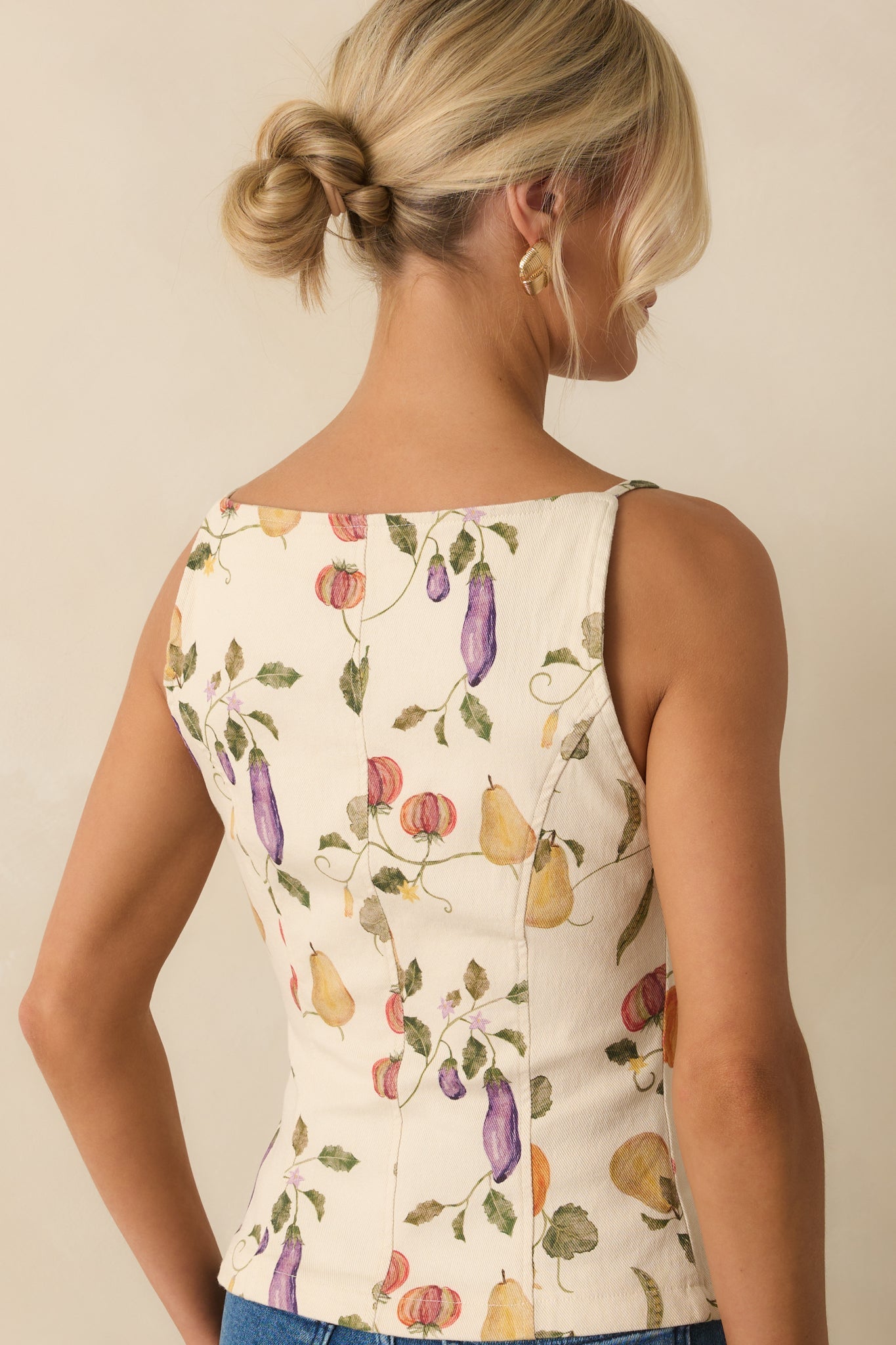 Living Life Slowly Ivory Multi Vegetable Print Cotton Button Up Top