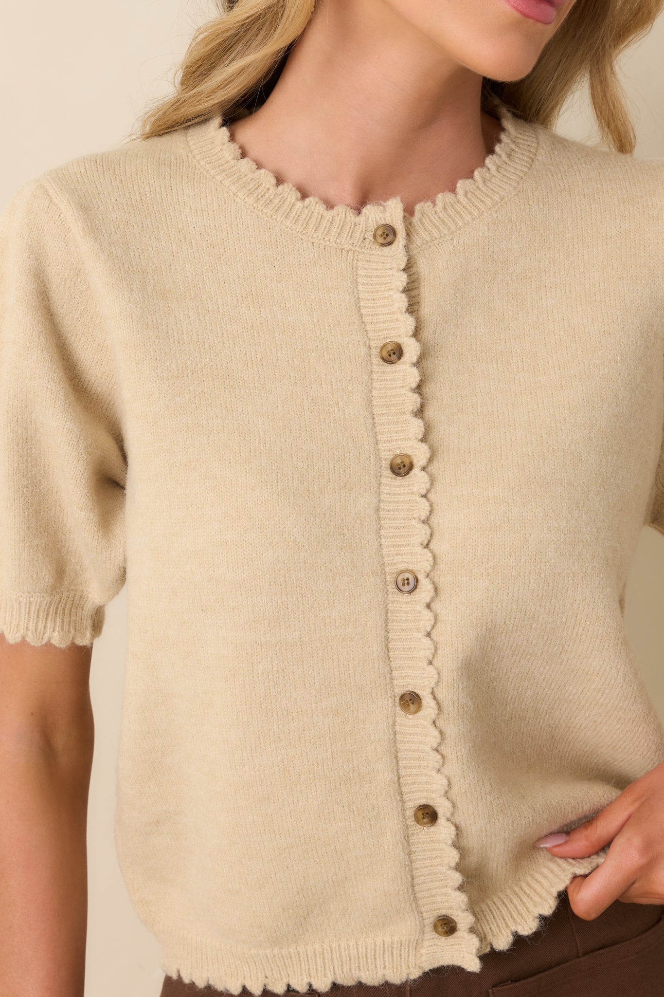Caught Up In The Moment Ecru Beige Knit Short Sleeve Cardigan