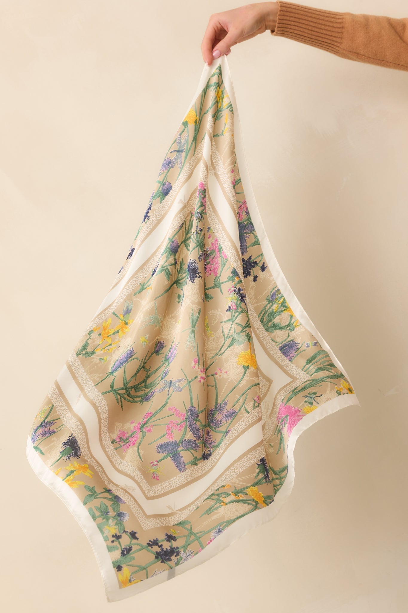 Just Like We Planned Beige Multi Floral Print Satin Scarf