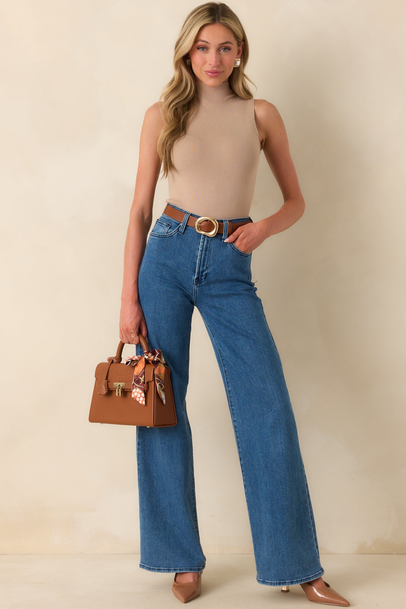 It'll Work Out Taupe Ribbed Mock Neck Sleeveless Bodysuit
