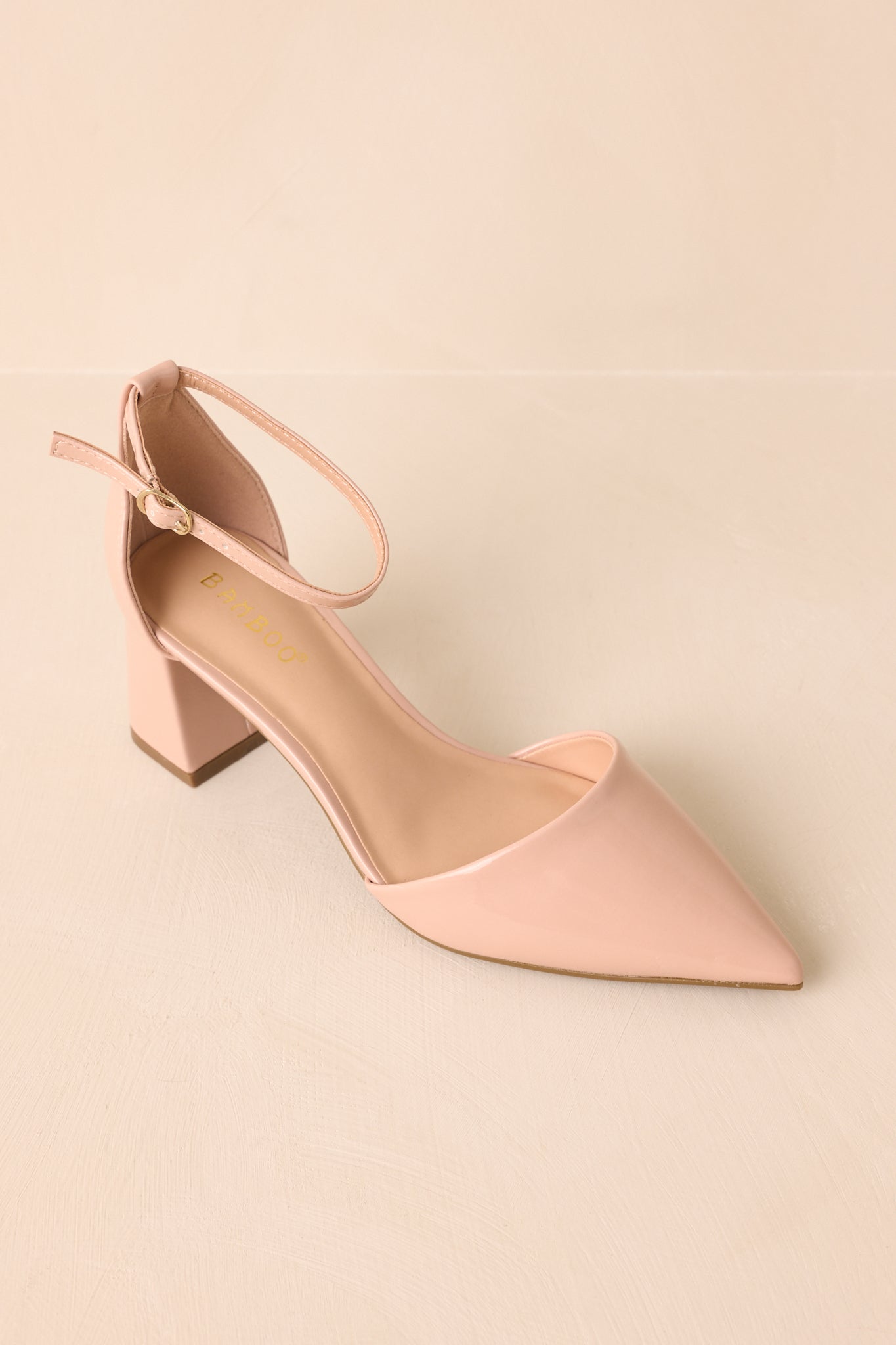 The Perfect Occasion Beige Pointed Toe Ankle Strap Block Heels
