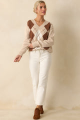 On Good Authority Beige Argyle Cotton Blend V-Neck Sweater