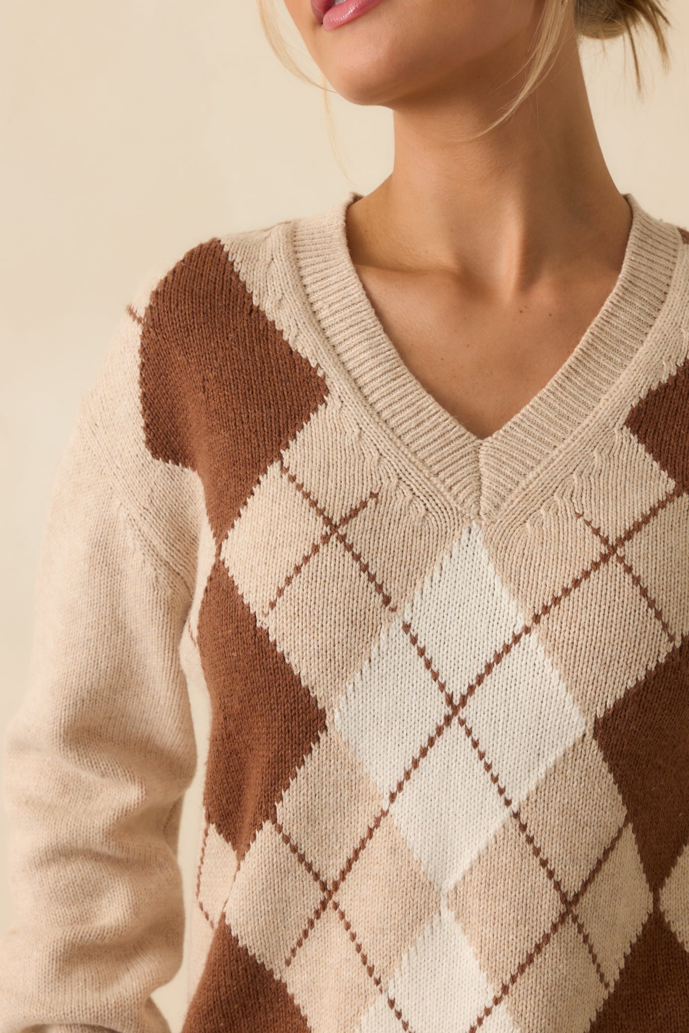 On Good Authority Beige Argyle Cotton Blend V-Neck Sweater