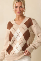 On Good Authority Beige Argyle Cotton Blend V-Neck Sweater