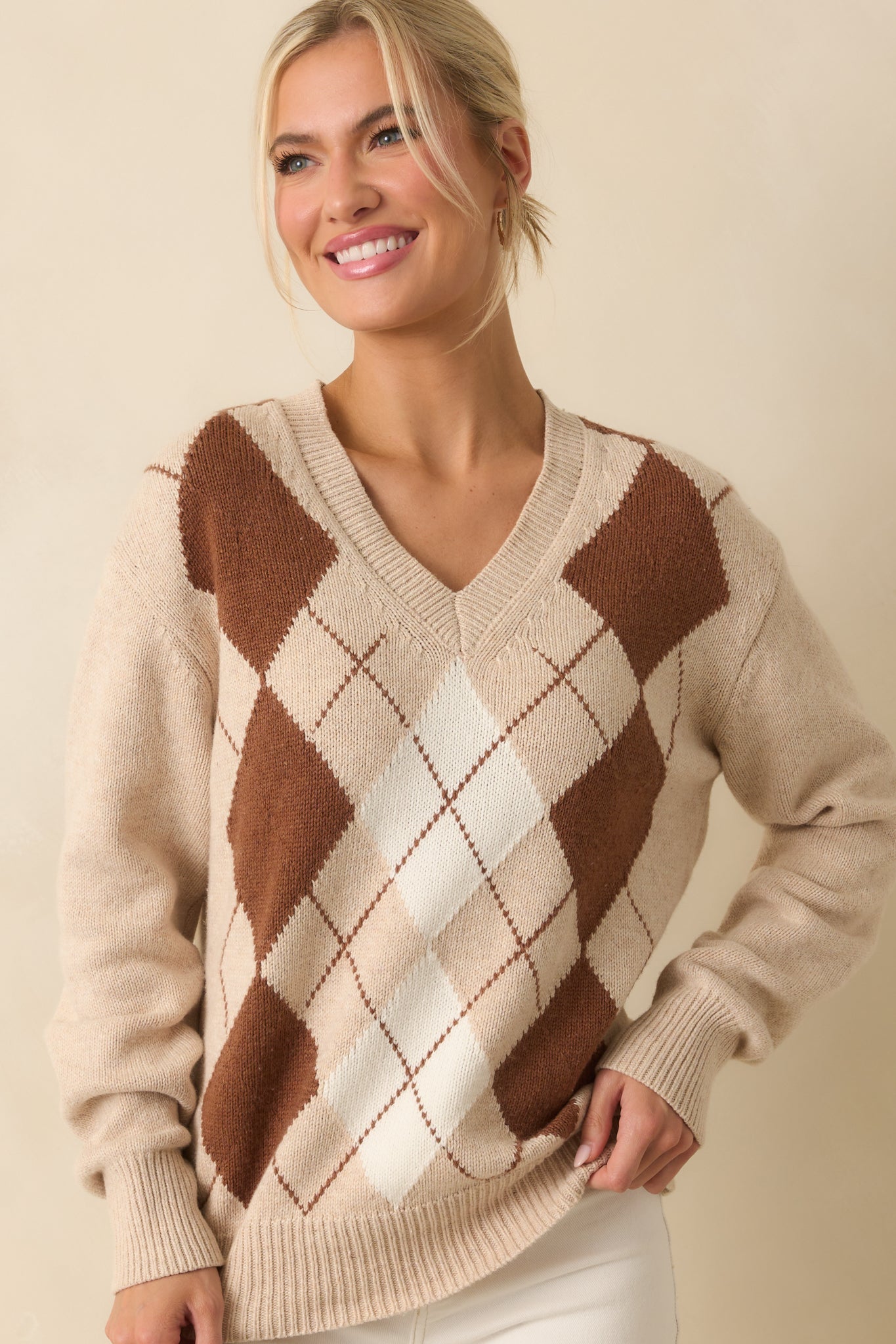 On Good Authority Beige Argyle Cotton Blend V-Neck Sweater