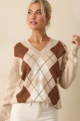 On Good Authority Beige Argyle Cotton Blend V-Neck Sweater