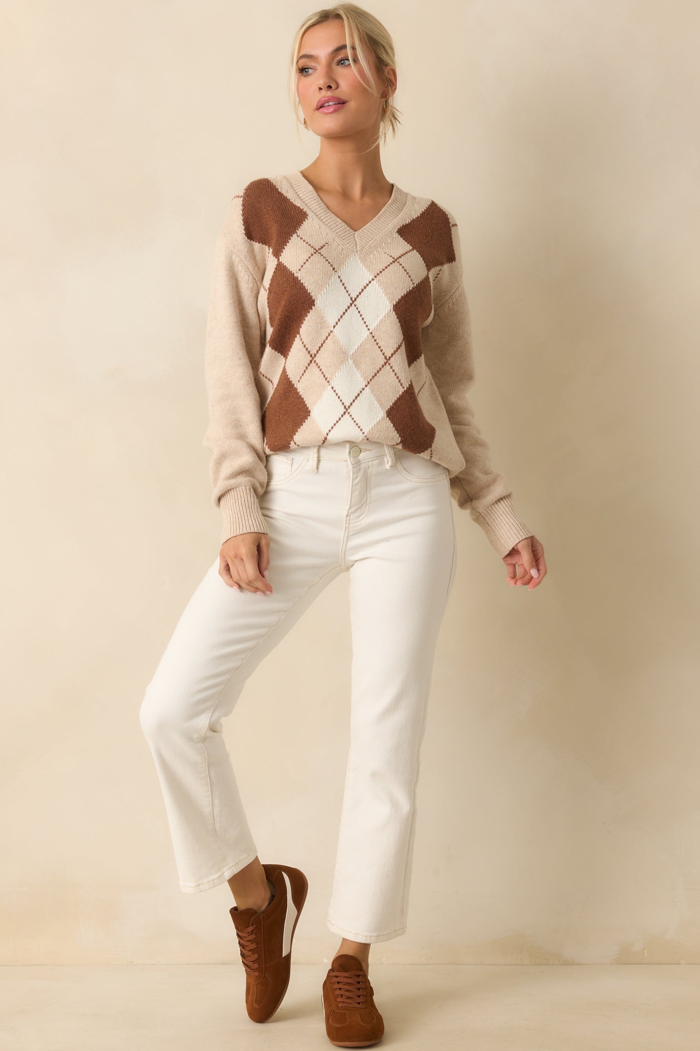 On Good Authority Beige Argyle Cotton Blend V-Neck Sweater