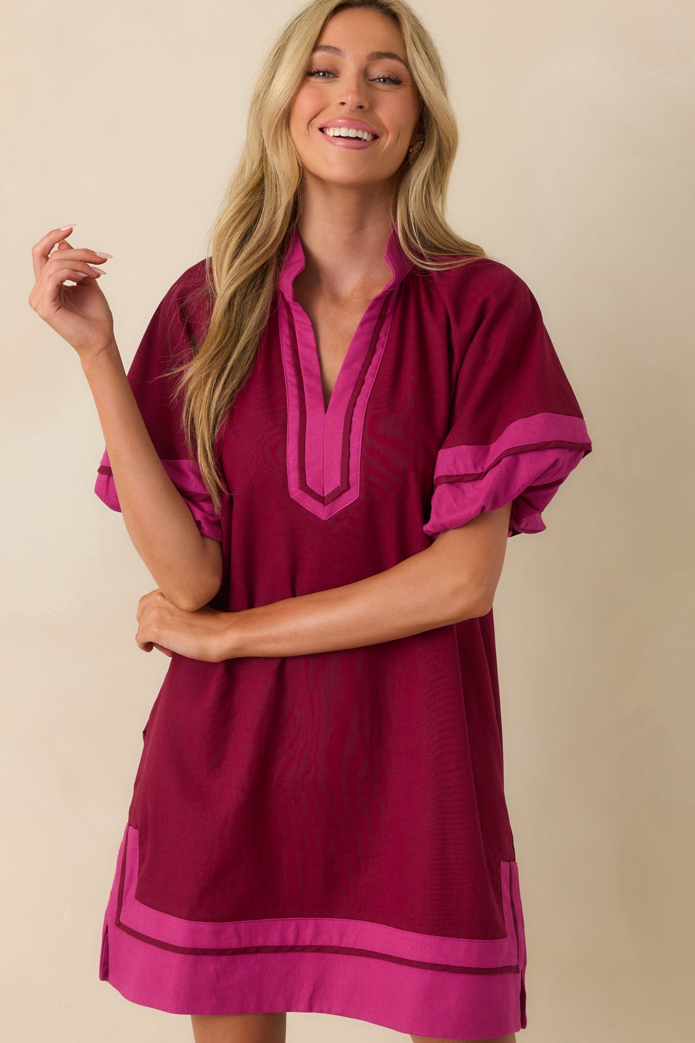 Made It Work Berry Linen Blend Short Sleeve Mini Dress