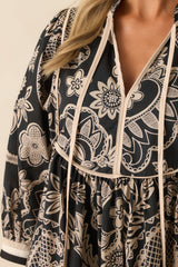 Crisp Morning Air Black Floral Cotton Quarter Sleeve Mini Dress