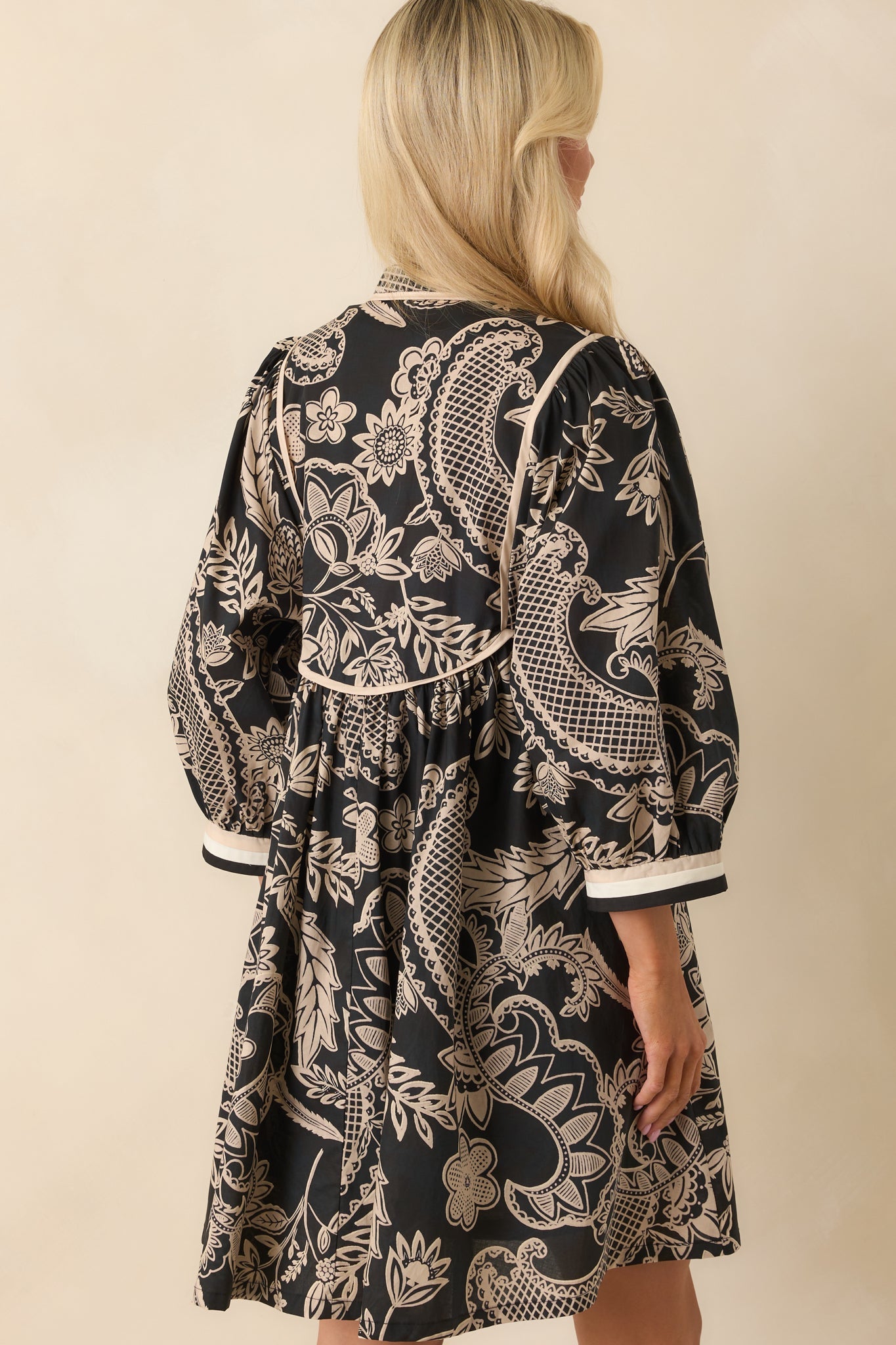 Crisp Morning Air Black Floral Cotton Quarter Sleeve Mini Dress