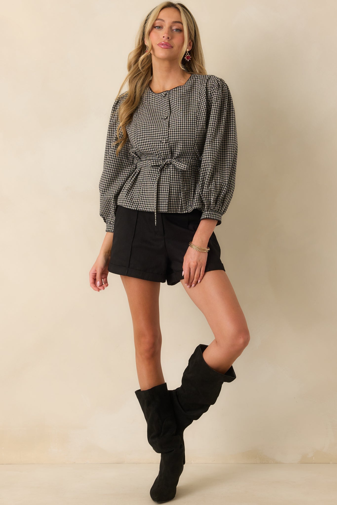 A Defining Moment Black Gingham Linen Blend Belted Blouse