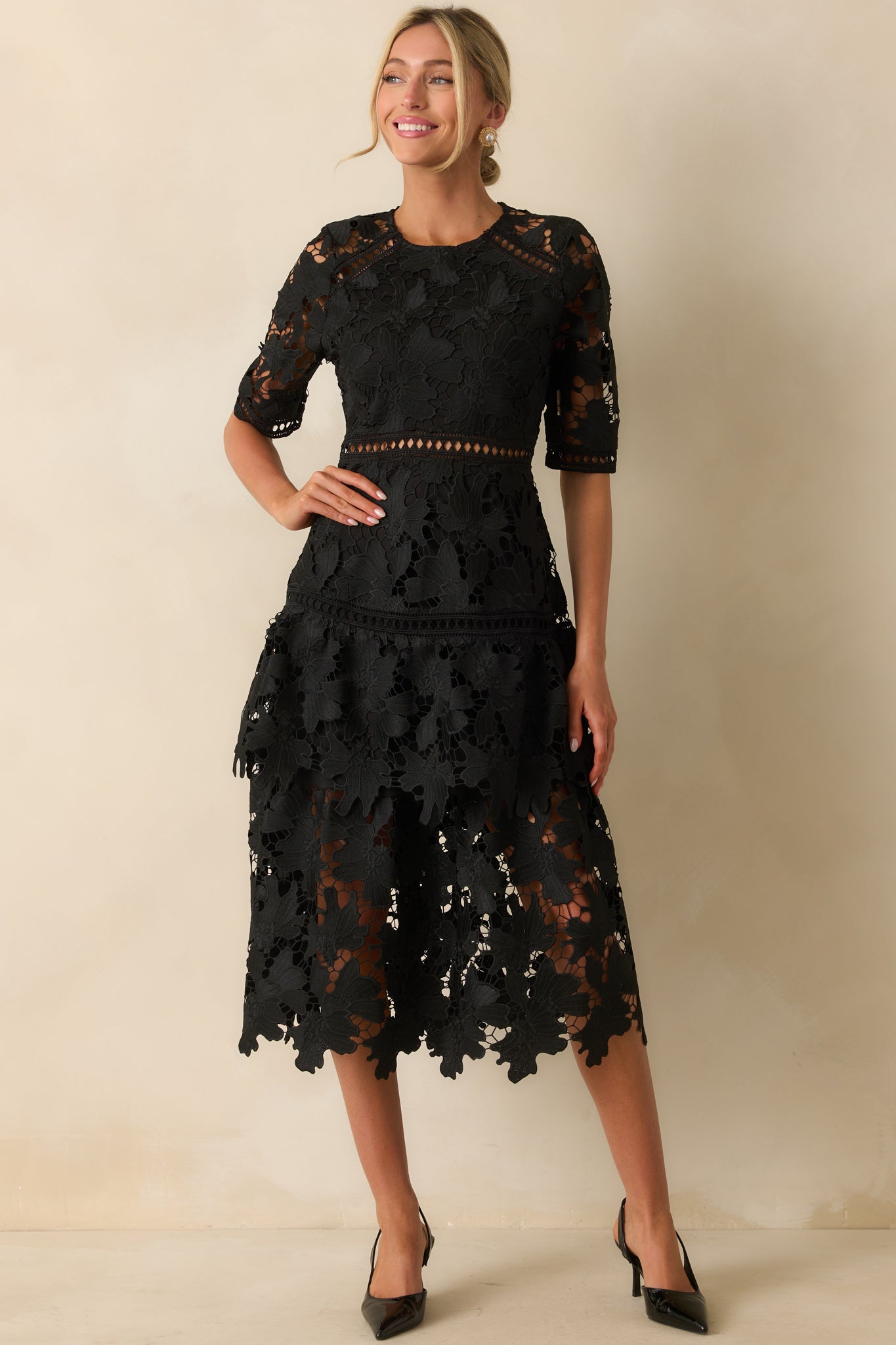 There's Nothing To It Black Lace Tiered Midi Dress