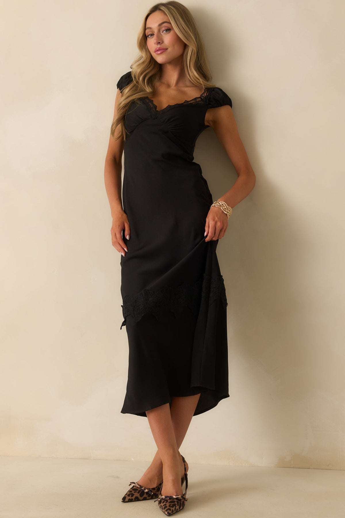 MINKPINK Black Lace Trim Momento Bias Midi Dress