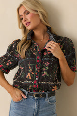 Full Of Light Black Multi Floral Print Cotton Button Up Top
