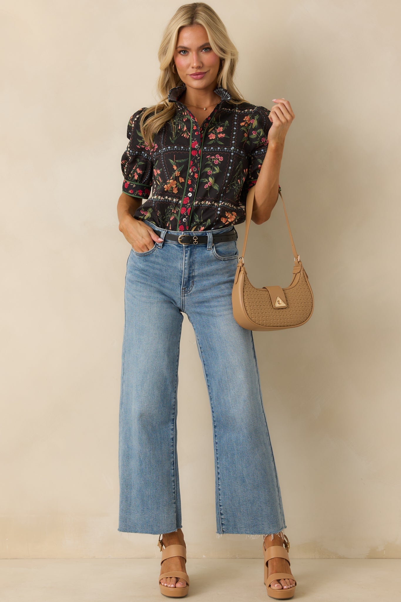 Full Of Light Black Multi Floral Print Cotton Button Up Top