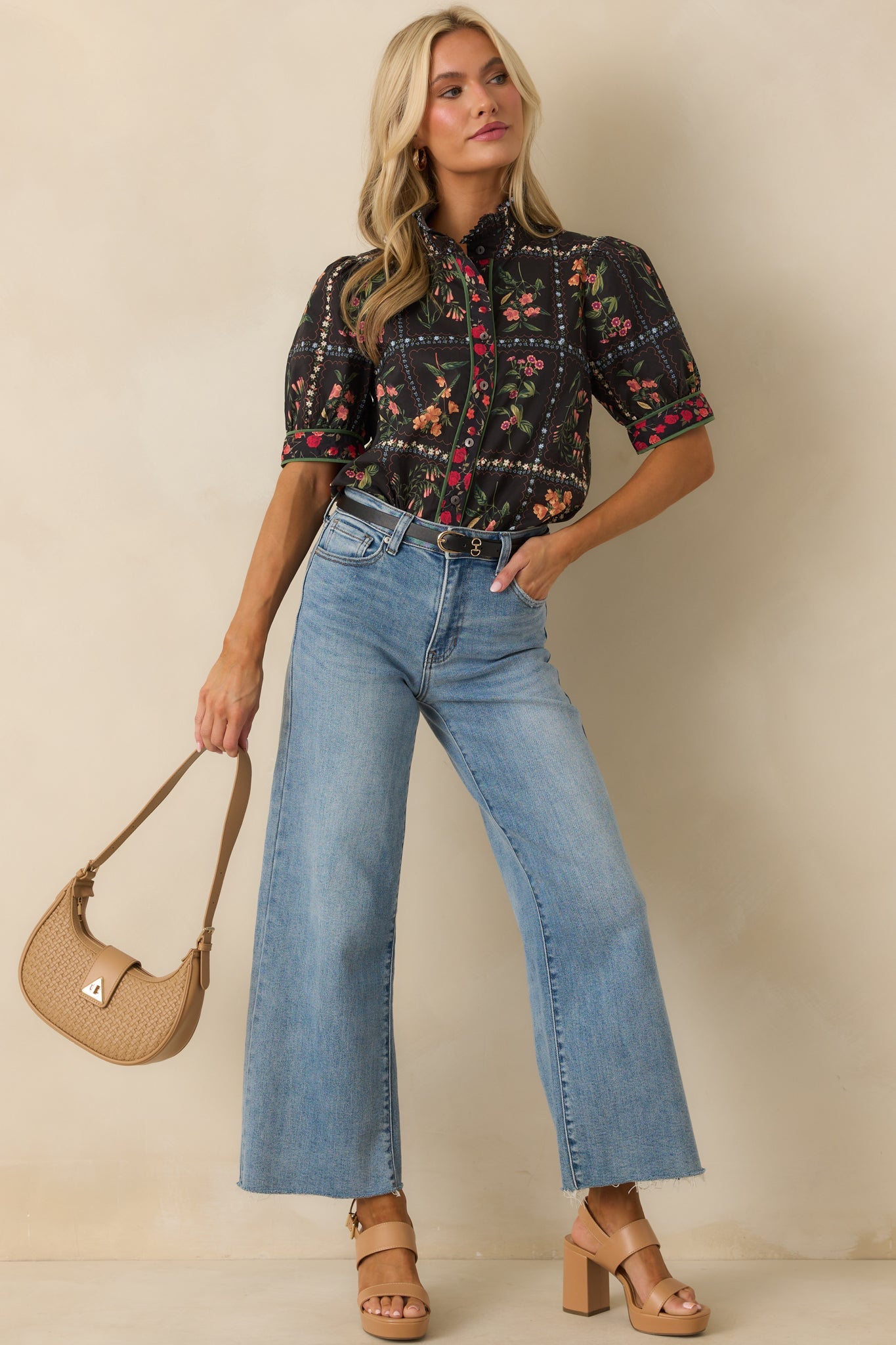 Full Of Light Black Multi Floral Print Cotton Button Up Top