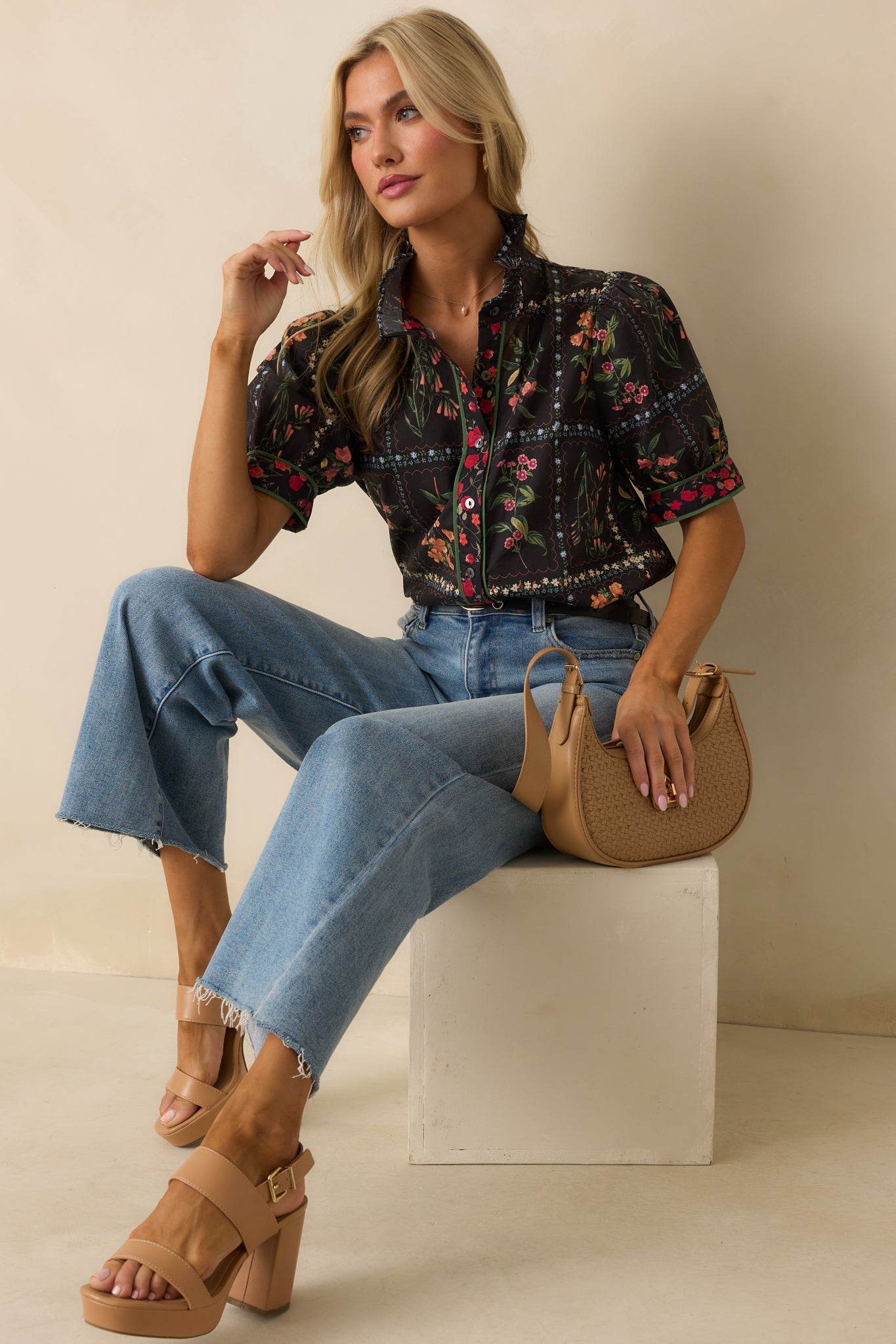 Full Of Light Black Multi Floral Print Cotton Button Up Top