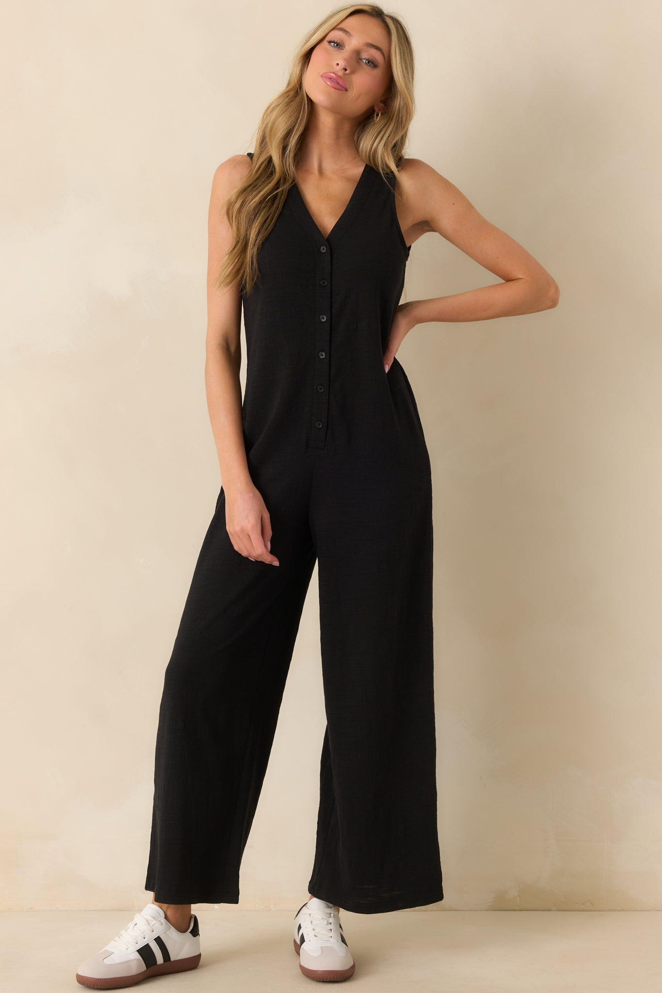 Z Supply Black Cotton Solace Textured Slub Jumpsuit