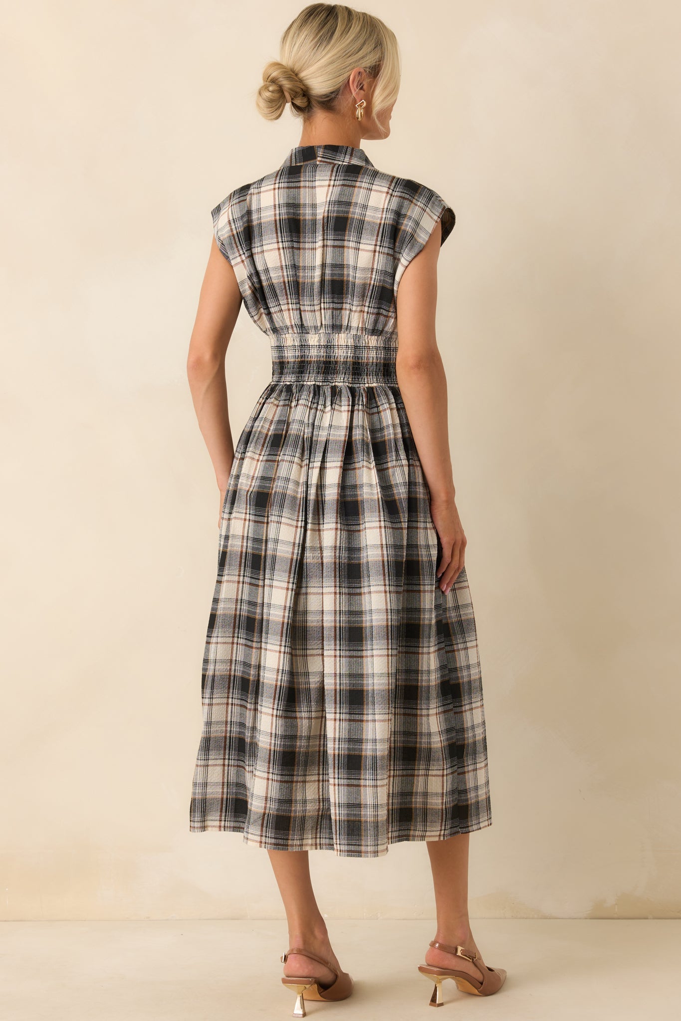 The Evette Black Tartan Plaid Cotton Zip Front Midi Dress