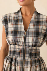The Evette Black Tartan Plaid Cotton Zip Front Midi Dress
