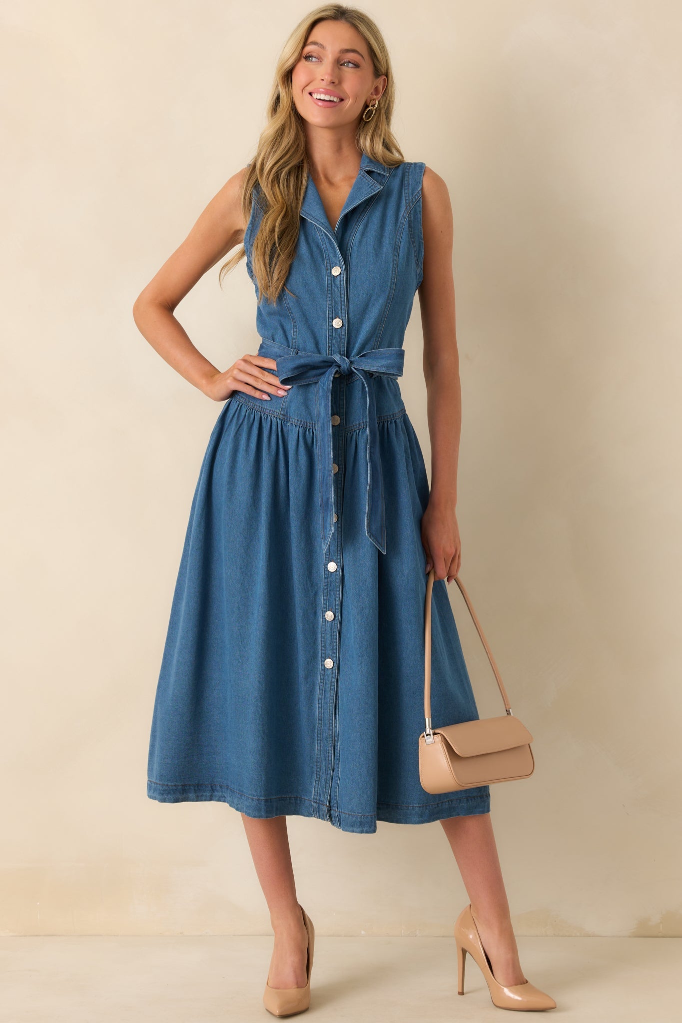 Riverside Sips Blue Denim Button Front Maxi Dress