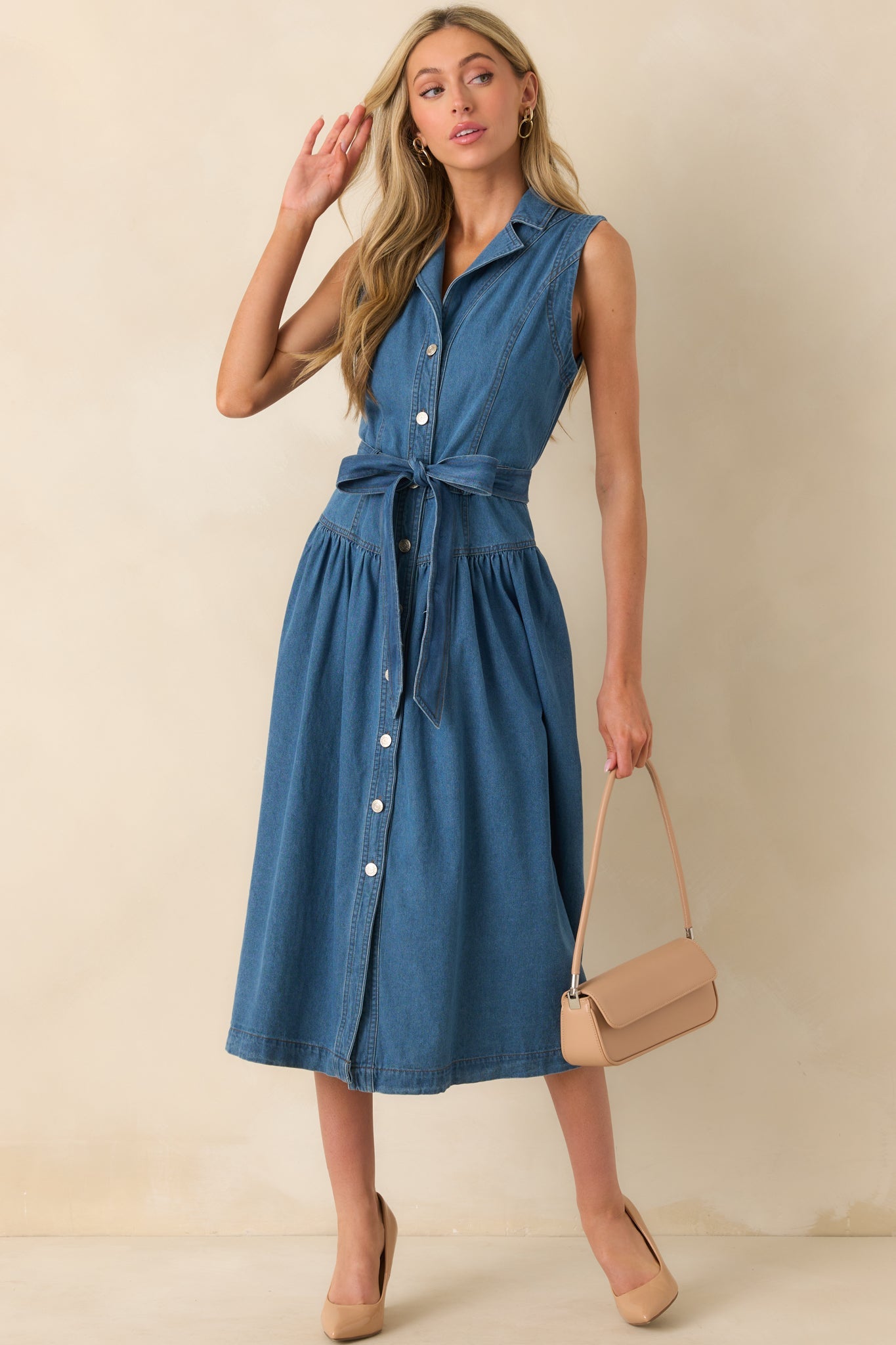 Riverside Sips Blue Denim Button Front Maxi Dress