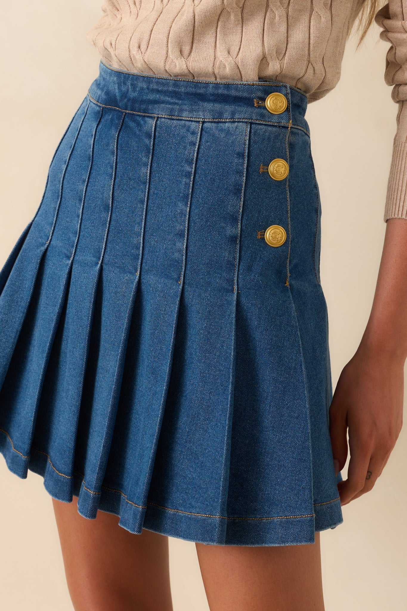 All About Confidence Dark Wash Cotton Pleated Denim Mini Skirt