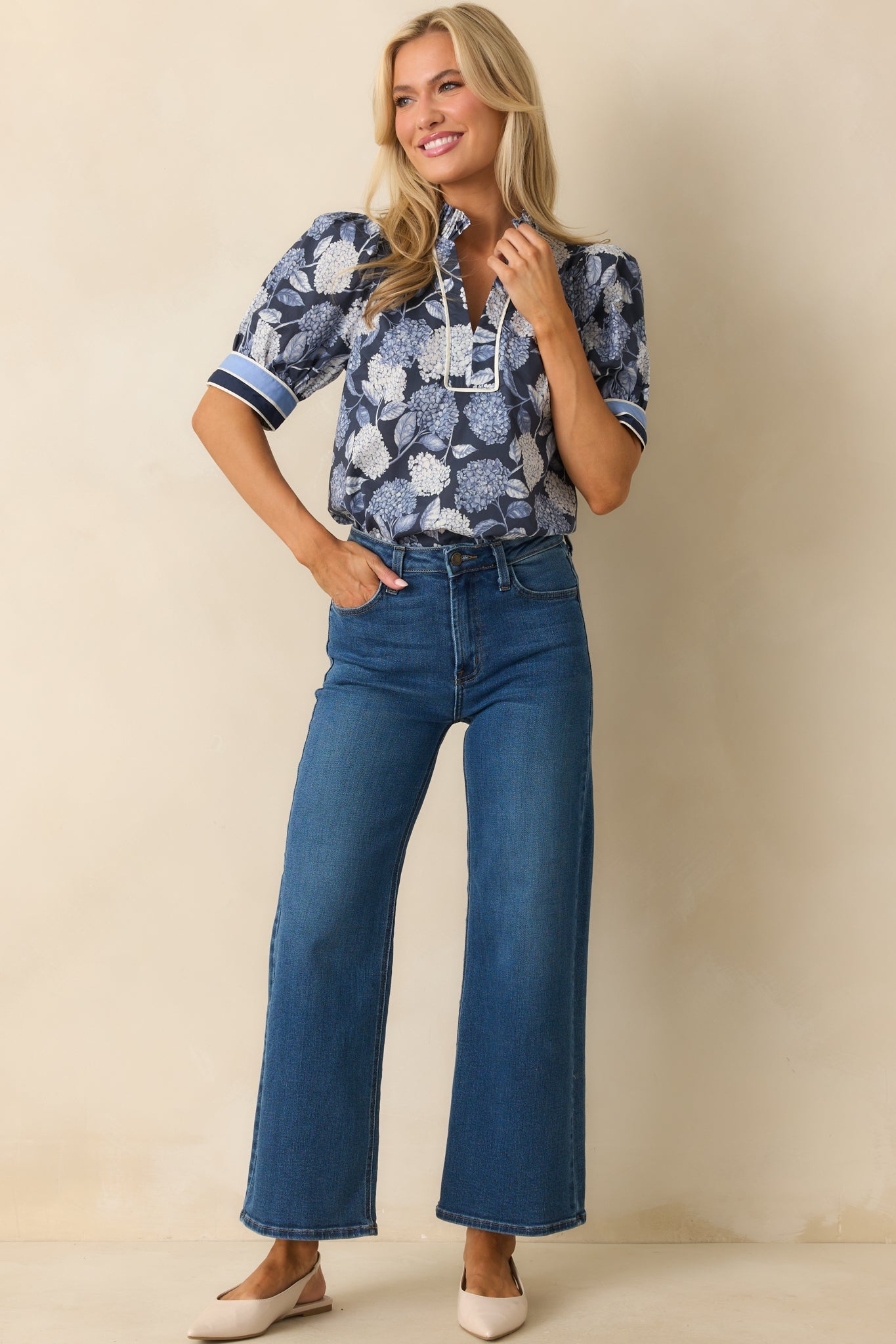 Fell Into Place Blue Hydrangea Floral Print Cotton Puff Sleeve Top