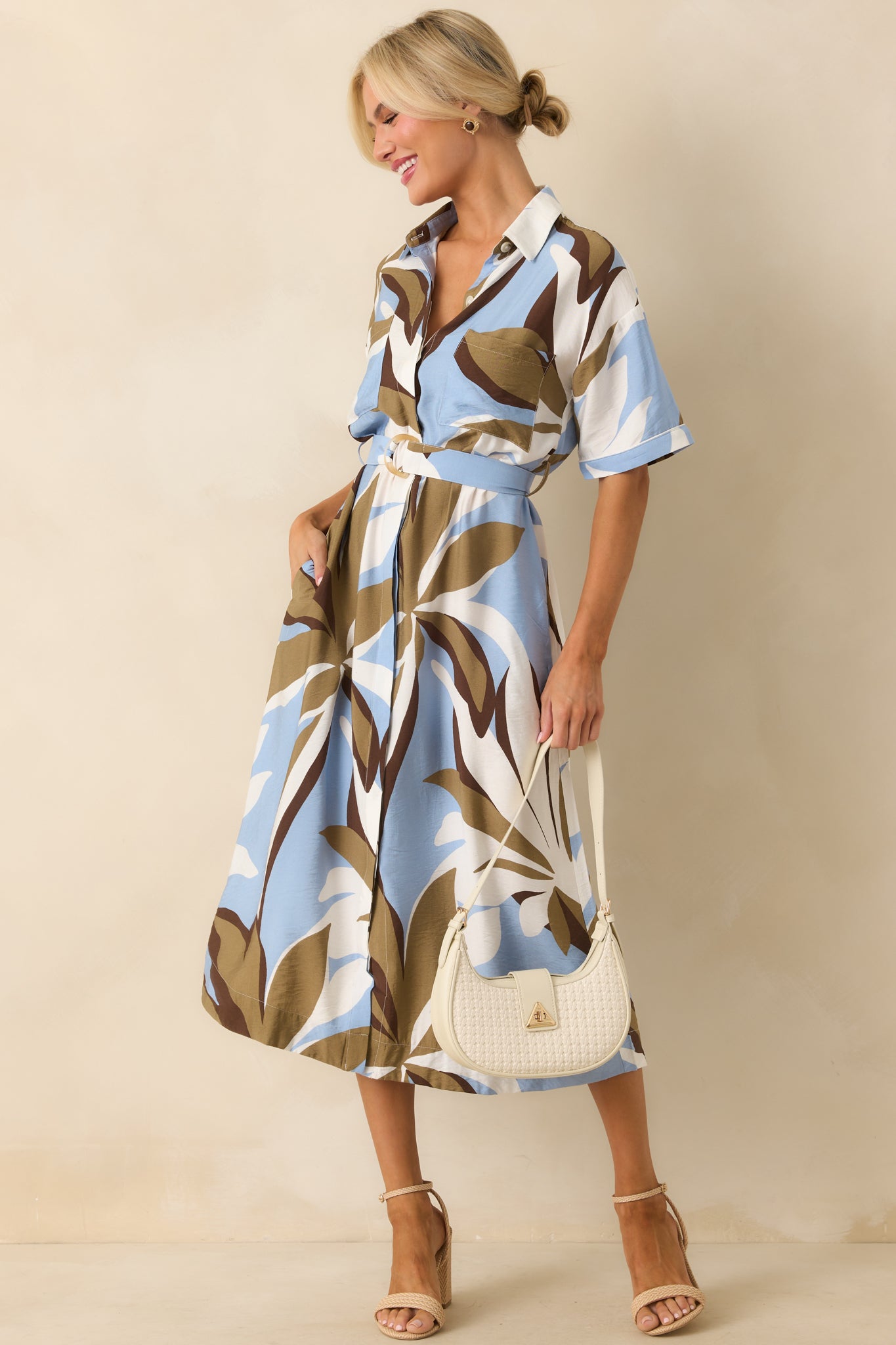 Staple The Label Blue Abstract Floral Print Maeve Midi Shirt Dress