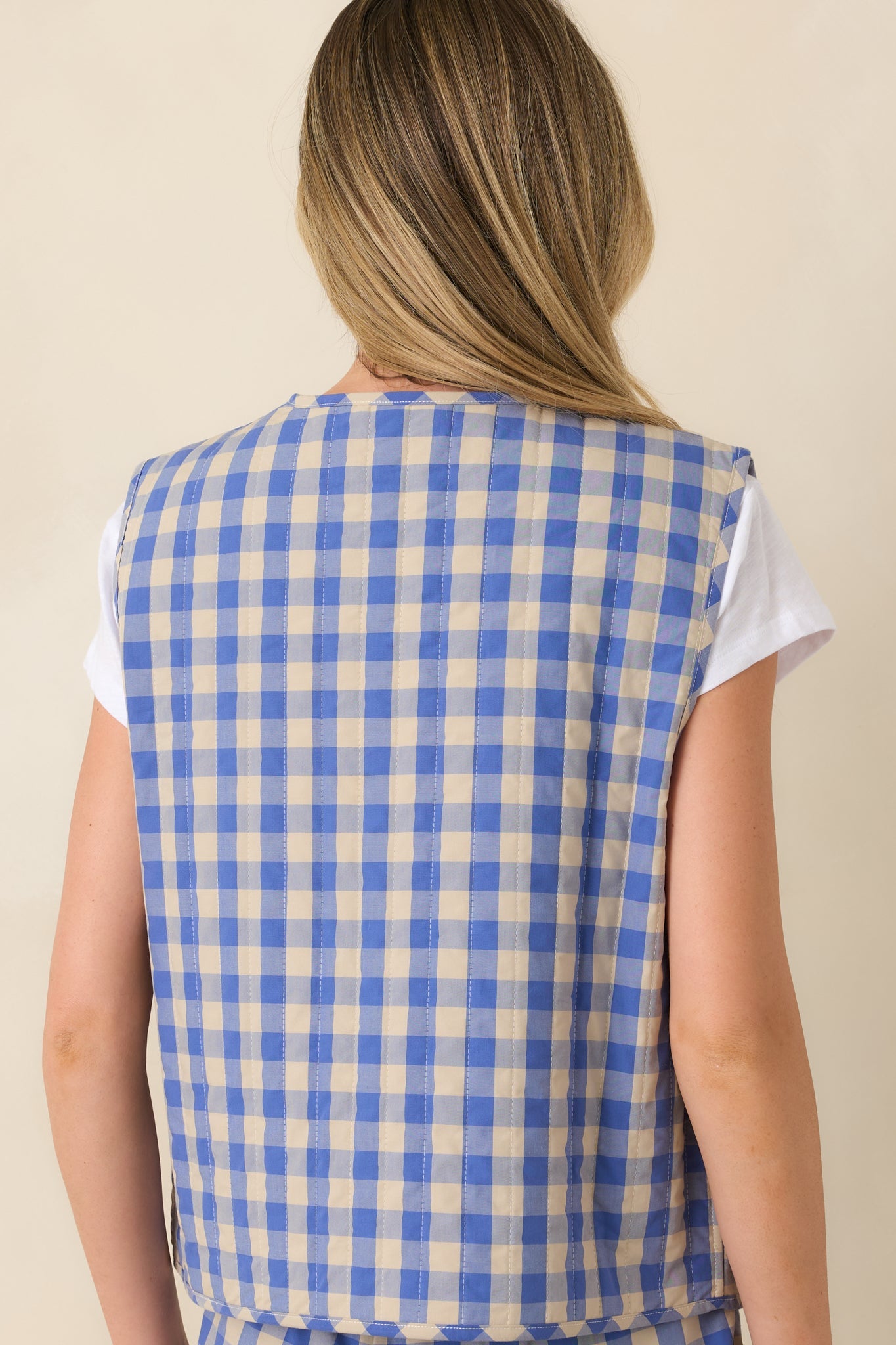 FRNCH Regalia Azure Blue Gingham Cotton Reversible Quilted Cotton Vest