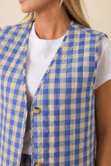 FRNCH Regalia Azure Blue Gingham Cotton Reversible Quilted Cotton Vest