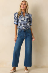 Fell Into Place Blue Hydrangea Floral Print Cotton Puff Sleeve Top