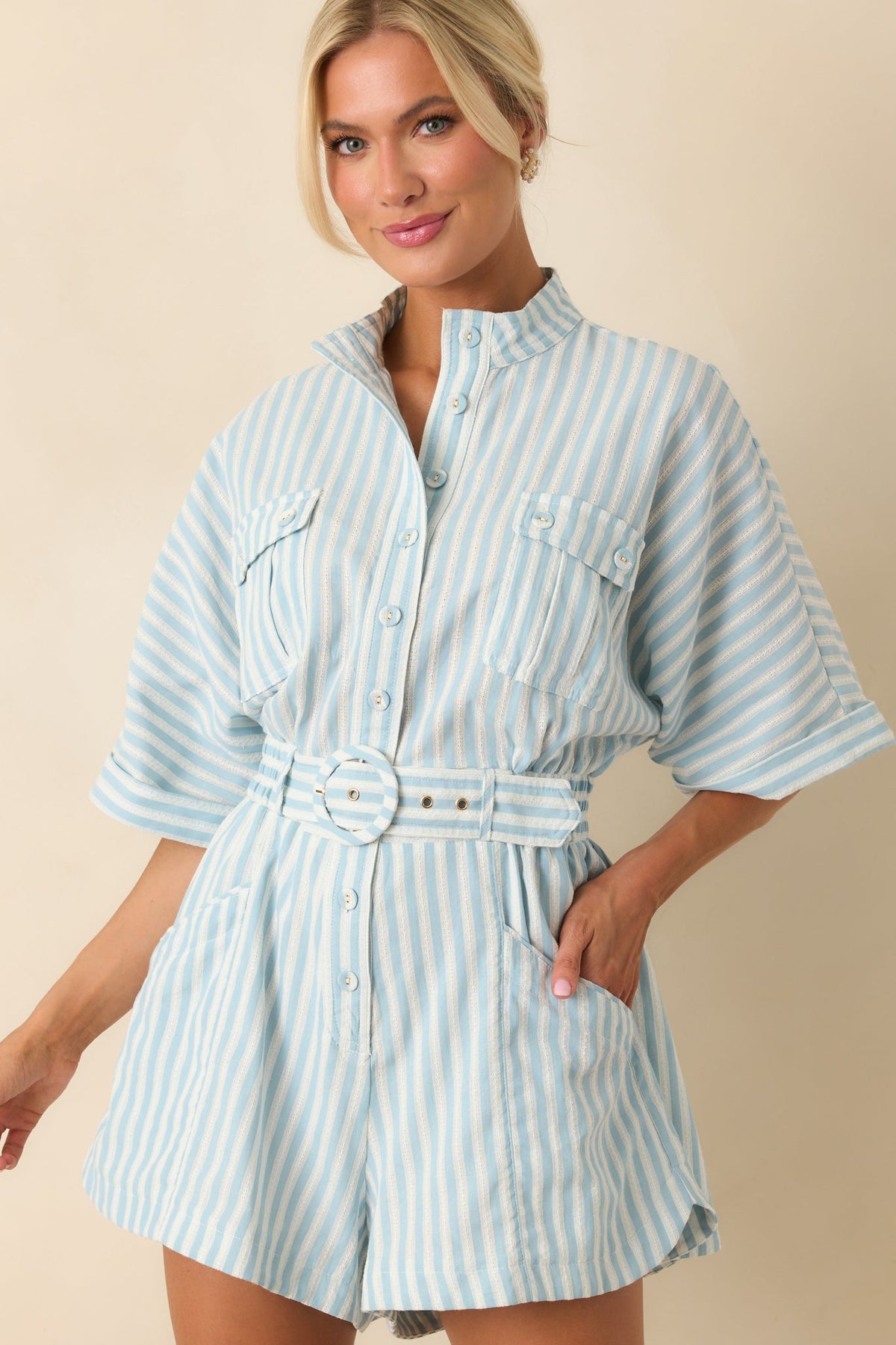 Prosperina Chloe Blue Aqua Stripe Cotton Romper